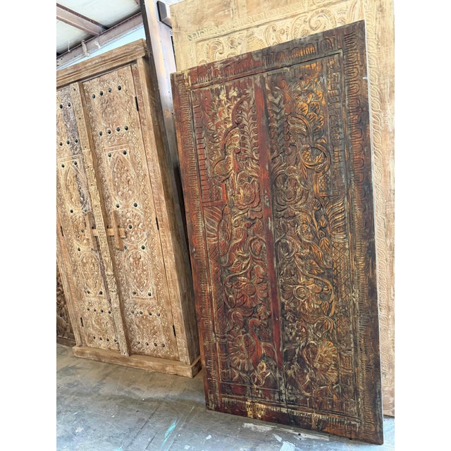Antique Tree of Life Carved Wood Barn Door Panel – Rustic Peacock & Floral Motif For Sale - Image 10 of 11