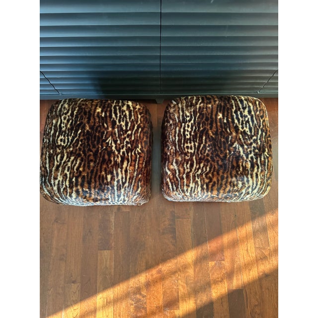 Black Custom Leopard Faux Fur Ottomans-A Pair For Sale - Image 8 of 12