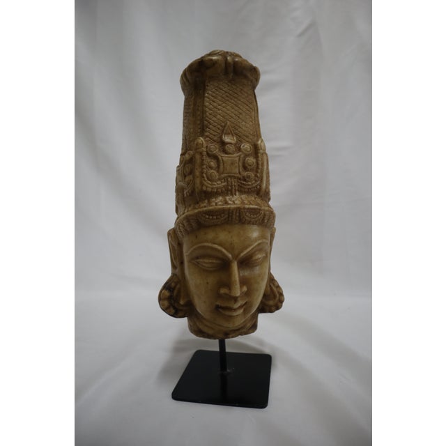 Hand Carved Stone Head of Indian Deity Statue on Stand For Sale - Image 9 of 12