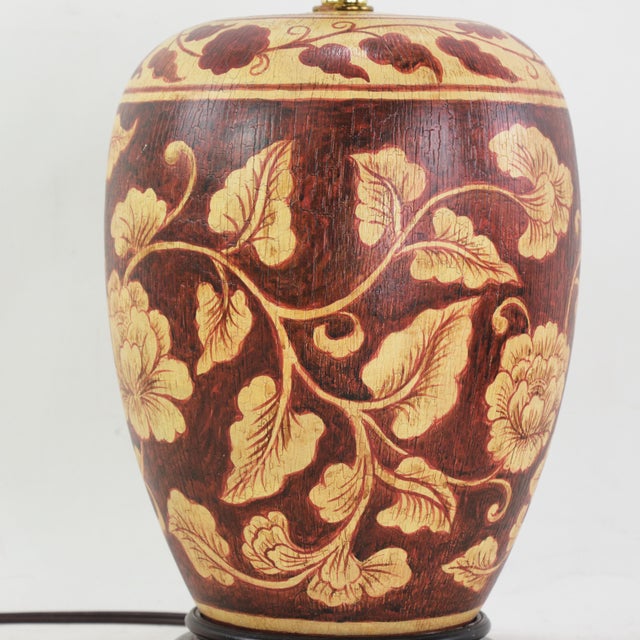 Ceramic Vintage Hand Painted Brown and Cream Floral Ceramic Table Lamp With Peony Motif and Wood Base For Sale - Image 7 of 13
