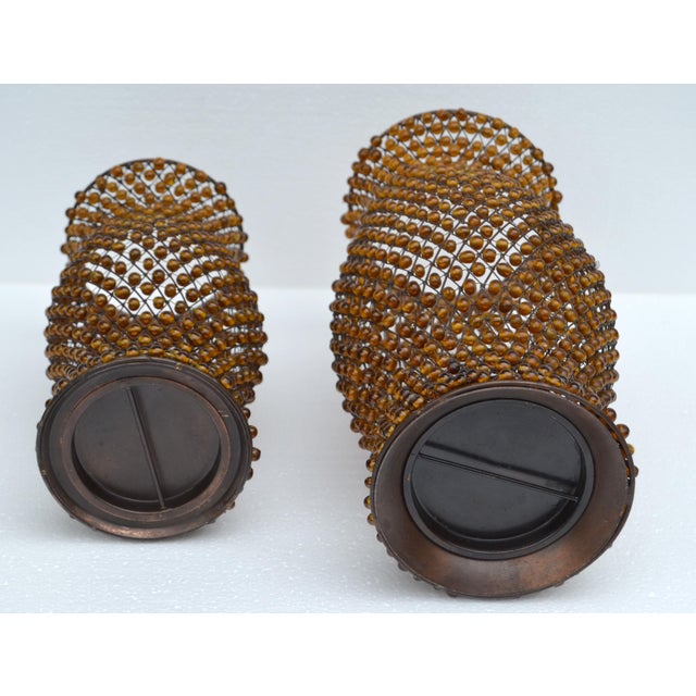 Set 2 Vintage Decorative Amber Gemstone Beaded Lattice Hourglass Shaped Candle Holders For Sale - Image 13 of 15