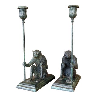 Pair of Maitland-Smith Sculptural Figurative Verdigris Patina Monkey Candlesticks For Sale