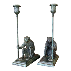 Pair of Maitland-Smith Sculptural Figurative Verdigris Patina Monkey Candlesticks