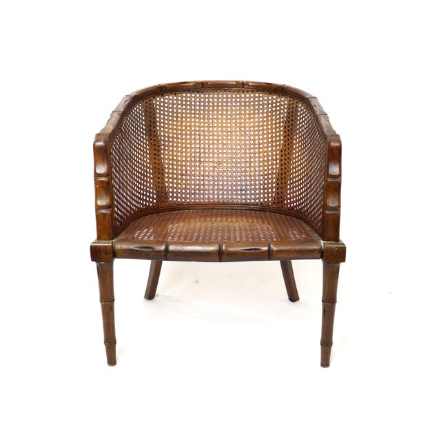 Vintage Regency Style Faux Bamboo Wood and Cane Tub Chair For Sale - Image 10 of 12