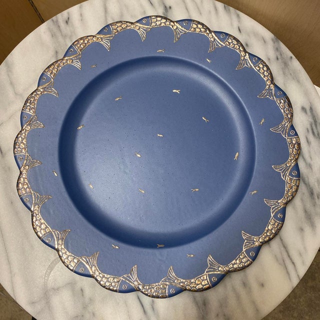 Two Mid 20th Century ceramic plates with fish motif silver overlay by Mexican designer Emilia Castillo. Manufacture...