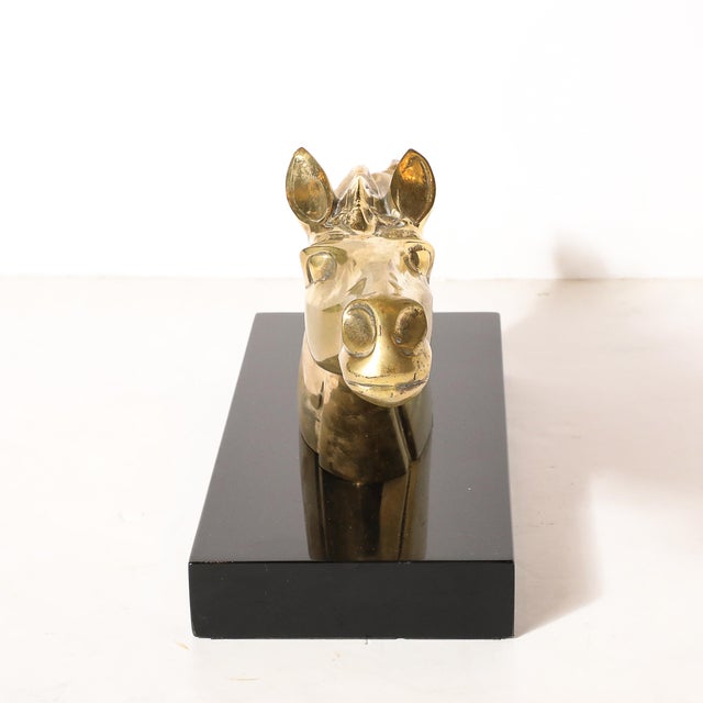 Mid-Century Horse Bust Sculpture W/ Flowing Mane in Polished Brass on Black Base For Sale - Image 4 of 11