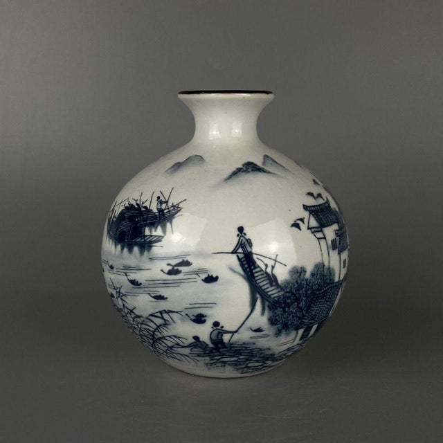 Vintage Chinese Blue & White "Jiangnan Water Town" Landscape Vase, Qianlong Mark For Sale - Image 4 of 7