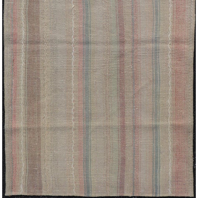 Measures: 3'1 x 5'5 Vintage Turkish Kilim with Soft Pastel Stripes in Blush, Sage, and Sky Blue. Keivan Woven Arts /...