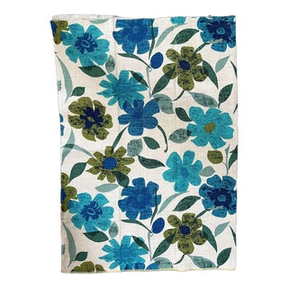 Vintage MCM Blue and Green Linen Fabric Mod Hippie Flower 51x36” For Sale