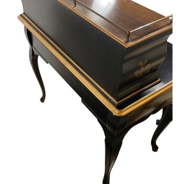Black Early 20th Century Chinoiserie-Style Black Lacquer Harpsichord Desk and Matching Cane Back Chair. For Sale - Image 8 of 9