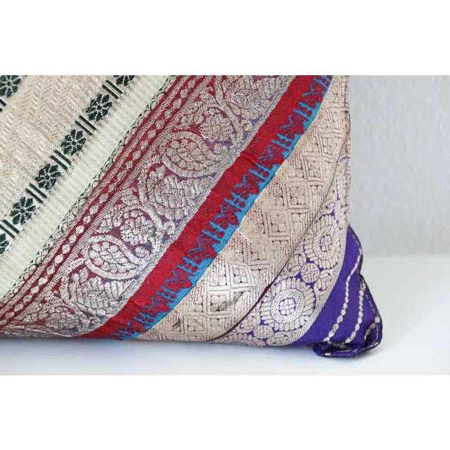 Metal Decorative Throw Silk Pillow Made From Vintage Sari Borders, India For Sale - Image 7 of 13