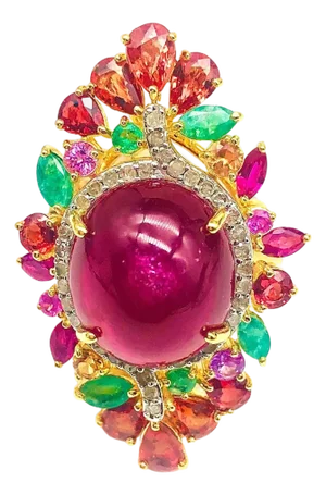 Bochic “Orient” Vintage Ruby, Emerald, Sapphire & Diamond Ring Set In 18K & Silv