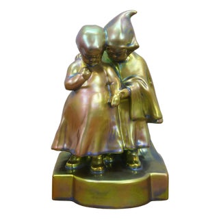 1906 Antique Art Nouveau Zsolnay Pécs Hungary Eosin Glazed Children Figure 10" For Sale