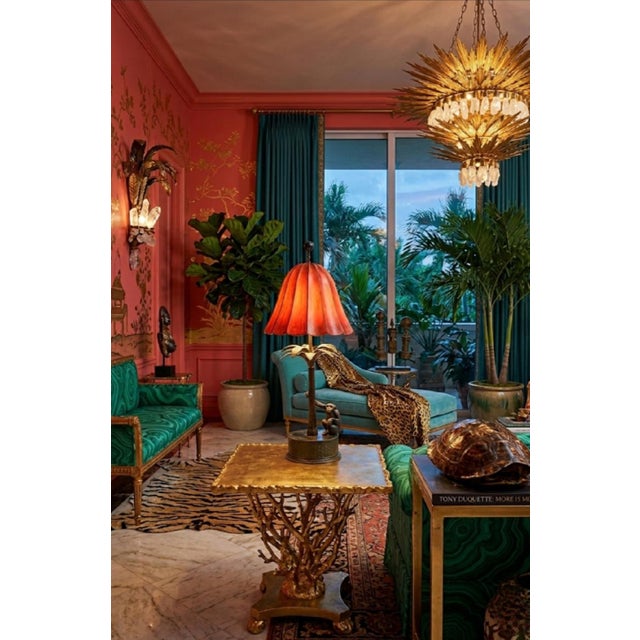 Metal Vintage Palm Beach Regency Cast Iron Palm Tree Monkey Table Lamp W/ Hard Pleated Bell Red Parasol Shade For Sale - Image 7 of 12