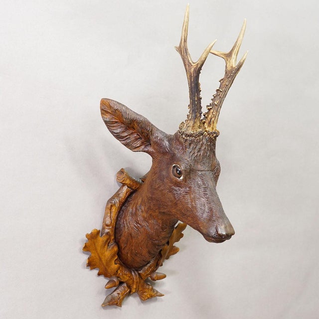 Rustic European Large Naturalistic Black Forest Carved Deer Trophy, Ca. 1920s For Sale - Image 3 of 8