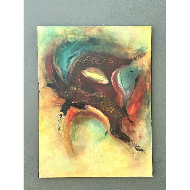 This captivating mid-century abstract expressionist oil painting on canvas commands immediate attention with its dynamic...