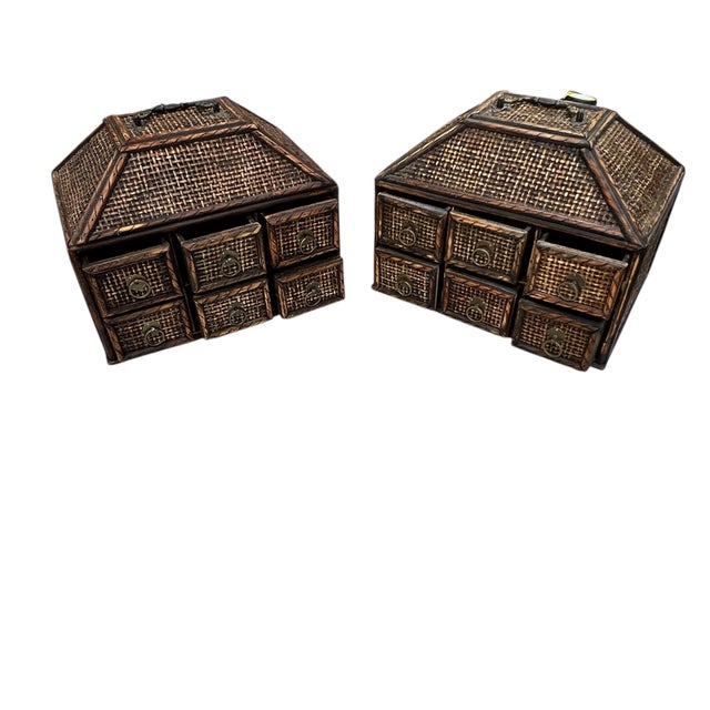Late 20th Century Vintage Woven Rattan British Colonial, West Indies Coastal Style Tabletop Six Drawer Storage Organizer Box - A Pair For Sale - Image 5 of 7
