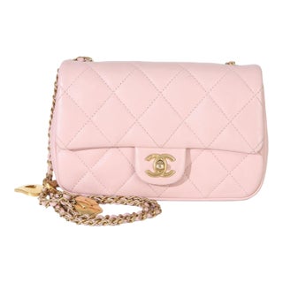 Pink Quilted Lambskin Heart Charm Mini Rectangular Flap Bag For Sale