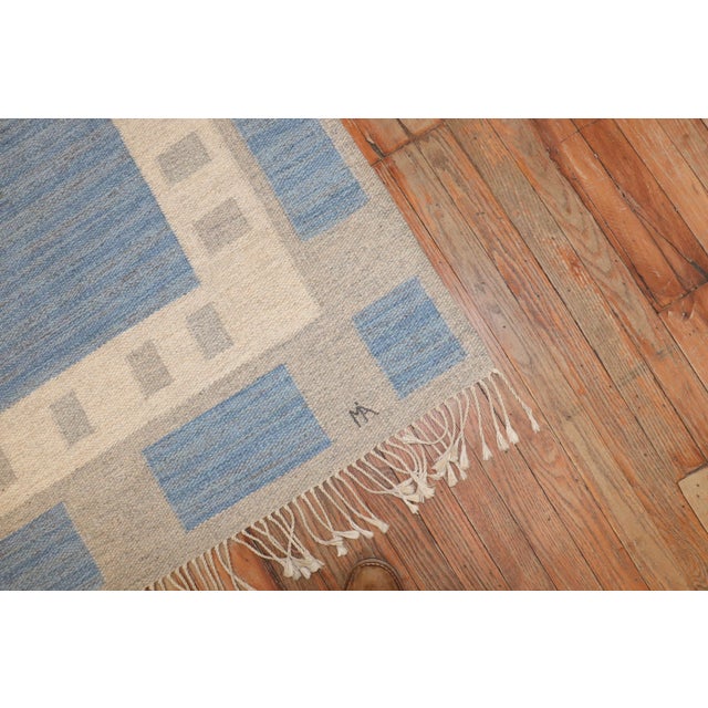 Baby Blue Vintage Zabihi Collection Abstract Swedish Kilim Signed by MA - 6'6" x 10'3" For Sale - Image 8 of 10