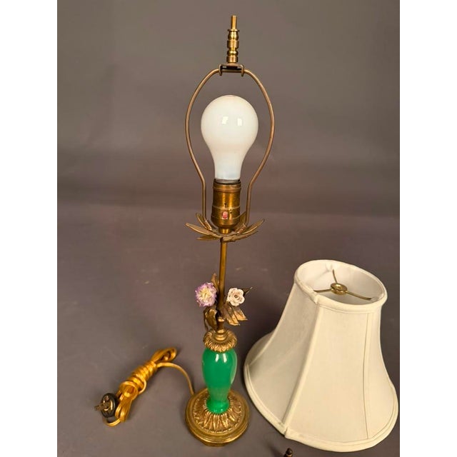 French Bronze & Green Glass Table Lamp With Porcelain Flowers and Silk Shade, Circa 1920 For Sale - Image 9 of 11