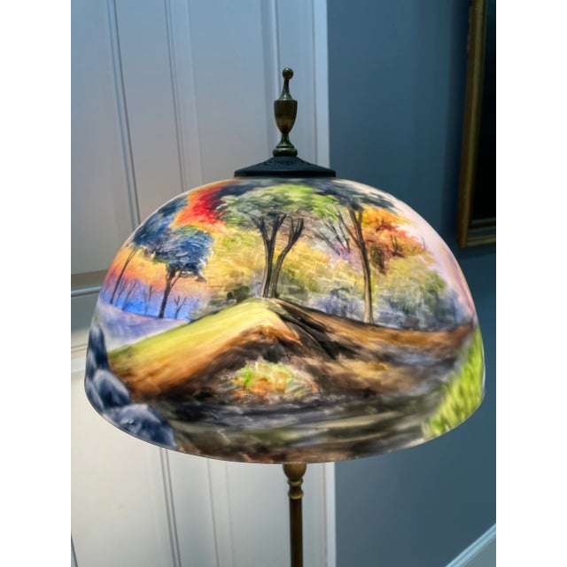 Early 20th Century Bronze Floor Lamp With Reverse Painted Glass Shade For Sale In Boston - Image 6 of 10