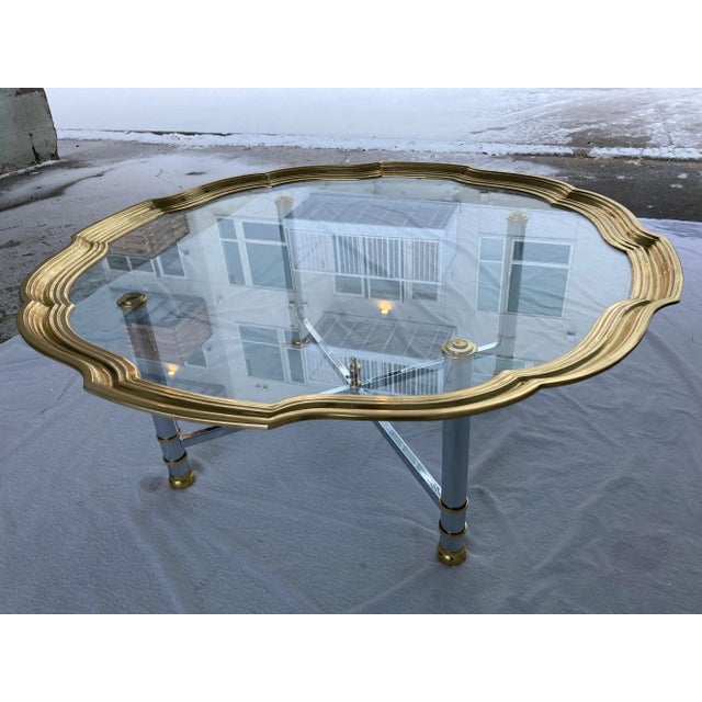 Mid-Century Modern Chrome X-Base Coffee Table Having Scalloped Brass Glass For Sale - Image 9 of 13