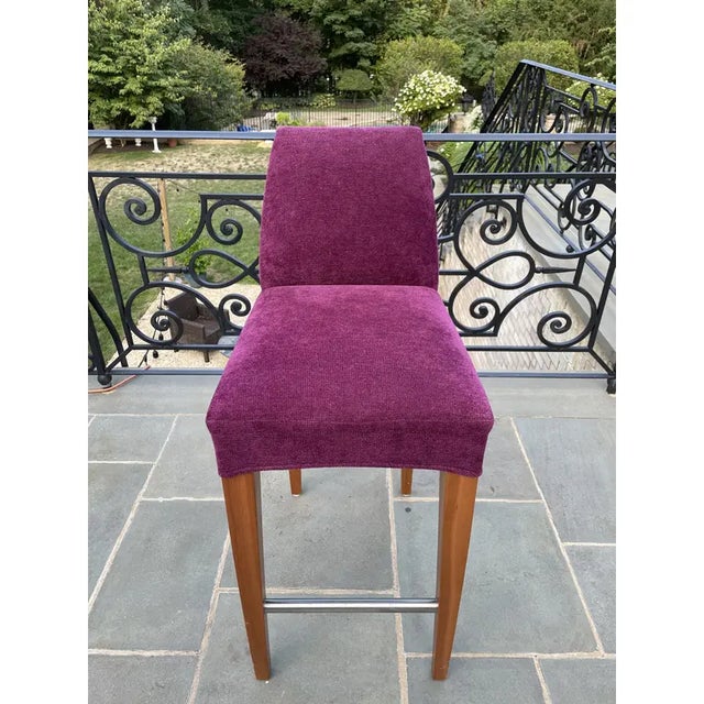 Wood Vintage Custom Berry Upholstered Bar Stools - Set of 4 For Sale - Image 7 of 13