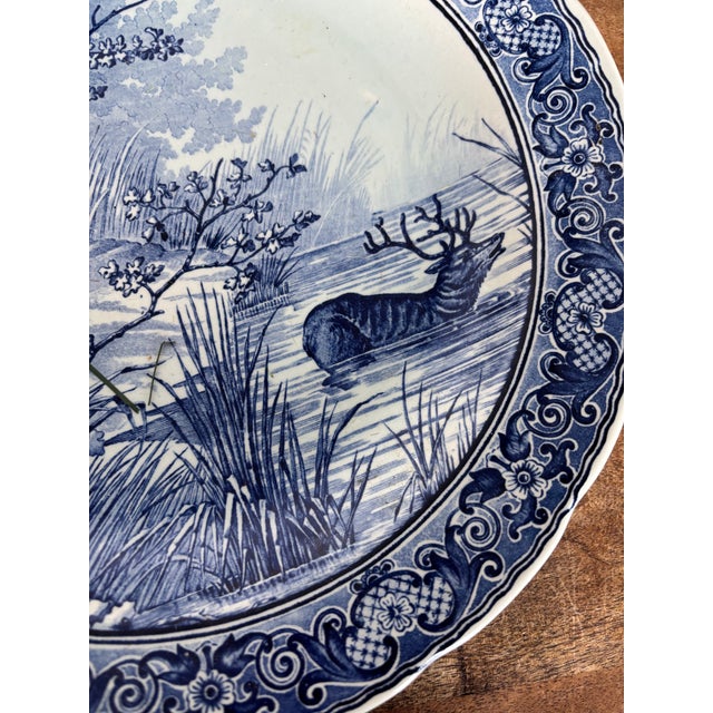 French Mid 20th Century Blue and White Boch Delft Charger With Woodland Scene and Deer For Sale - Image 3 of 5