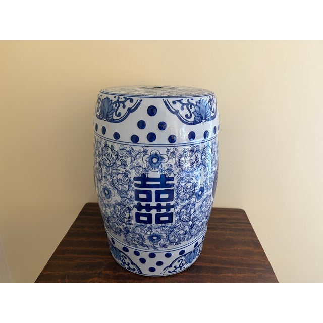 Blue Late 20th Century Blue and White Porcelain Chinoiserie Chinese Garden Stool or Side Table For Sale - Image 8 of 10