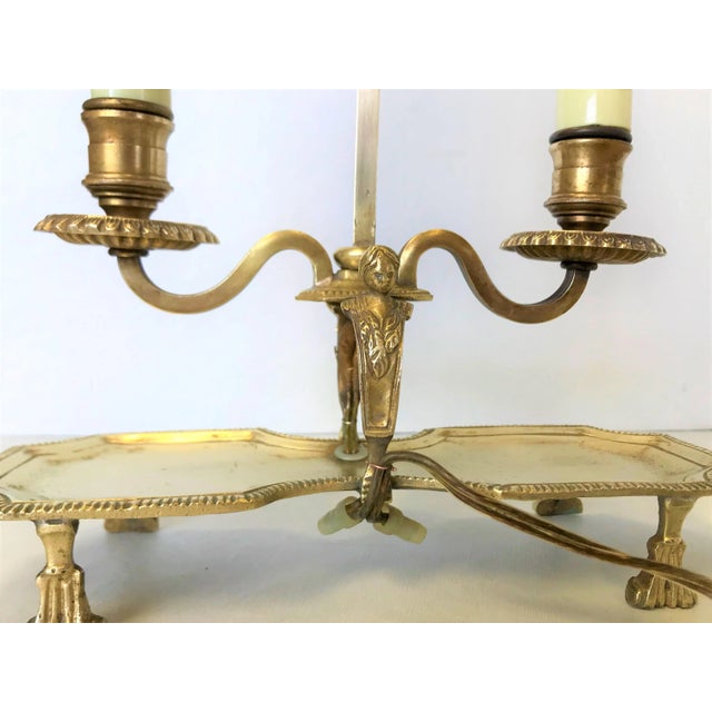 Antique Italian Brass Student Oil Lamp Converted to Electric With Adjustable Height Shades For Sale In West Palm - Image 6 of 13