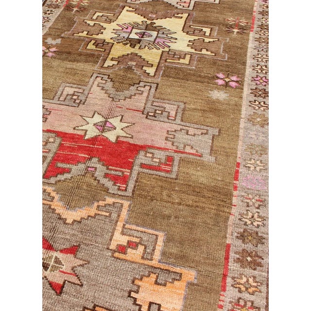 Vintage Turkish Kars Runner With Brown, Red, Yellow, and Soft Pink Tones For Sale In Atlanta - Image 6 of 13