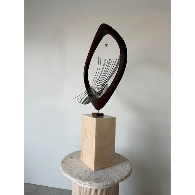 1970s Mid-Century Modern Barbara Hepworth-Style Wood & Metal Abstract Sculpture on Marble Base For Sale - Image 11 of 16