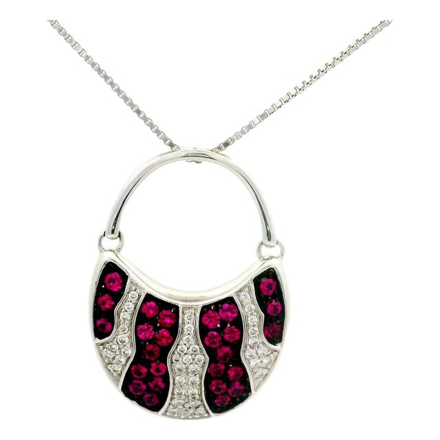 Mikimoto Ruby Diamond 18k White Gold Swing Bag Pendant Chain For Sale