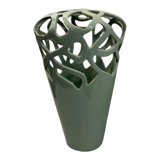 Celadon Green Reticulated Ceramic Vase, Pierced Lattice Double-Wall, Contemporary, 14 Inch For Sale