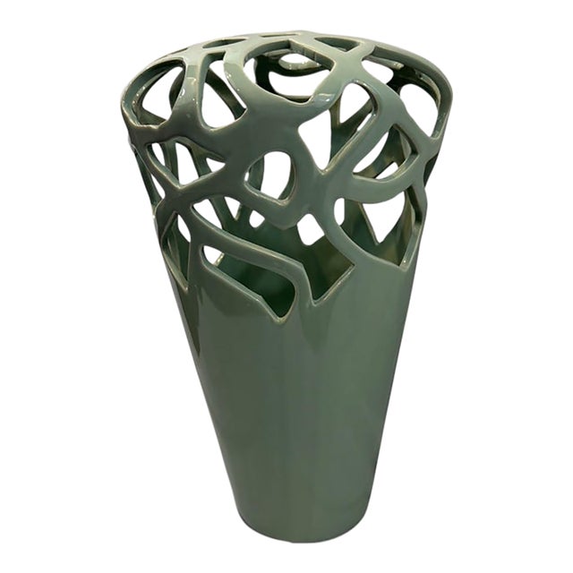 Celadon Green Reticulated Ceramic Vase, Pierced Lattice Double-Wall, Contemporary, 14 Inch For Sale