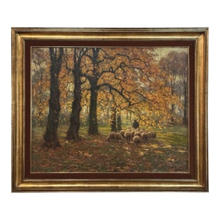Framed Oil Painting on Canvas by Alphonse Van Beurden Jr. (1878–1962) 'Shepherd and Flock in Autumn Forest' For Sale