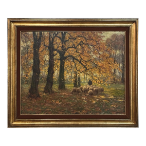 Framed Oil Painting on Canvas by Alphonse Van Beurden Jr. (1878–1962) 'Shepherd and Flock in Autumn Forest'