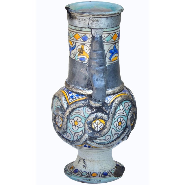 Moroccan Early 19th Century Colorful Andalusian-Patterned Metal-Inlaid Ceramic Vase W/ Handles For Sale - Image 3 of 12