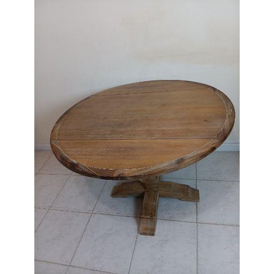 Farmhouse Style table sculpted pedestal base rustic brown pine wood finish Style: Rustic Color: Brown Dimensions: 42" W x...