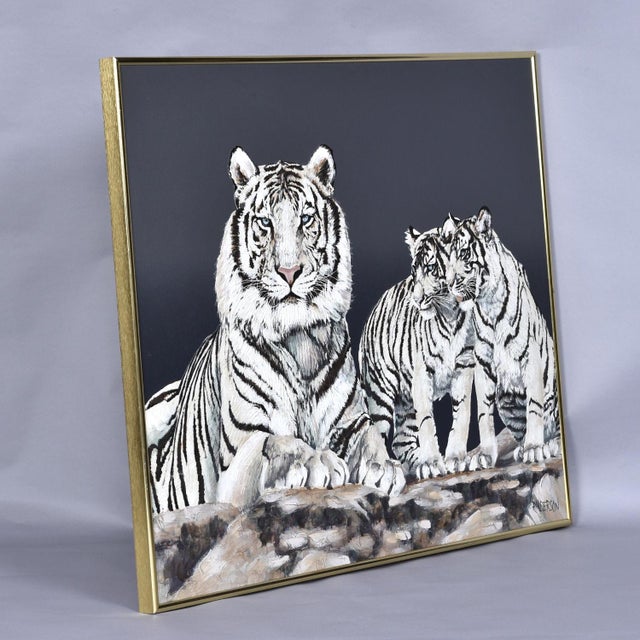 White Vintage 1970s Large Scale White Tigers Painting by Anderson For Sale - Image 8 of 12