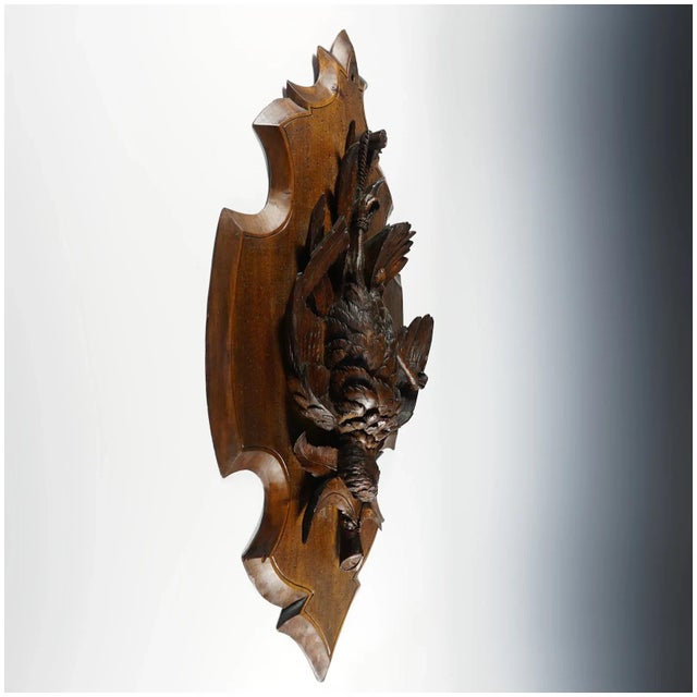 Wood Antique Swiss Black Forest Hand Carved Wood Wall Plaque, Signed Ruef, Game Bird Trophy For Sale - Image 7 of 9