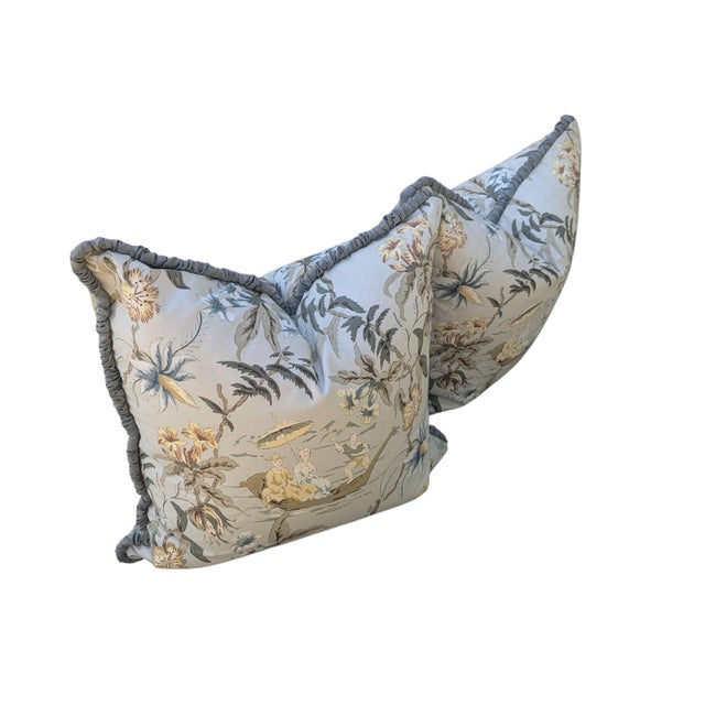 A Pair of DOUBLE SIDED Custom Schumacher "Yangtze River" Chinoiserie Toile Decorative Pillows with decorative trim This is...