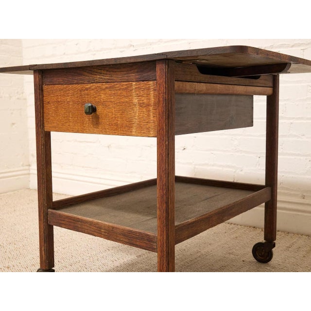 Vintage Oak Rolling Side Table Cart With Drawer and Lower Shelf For Sale - Image 11 of 12