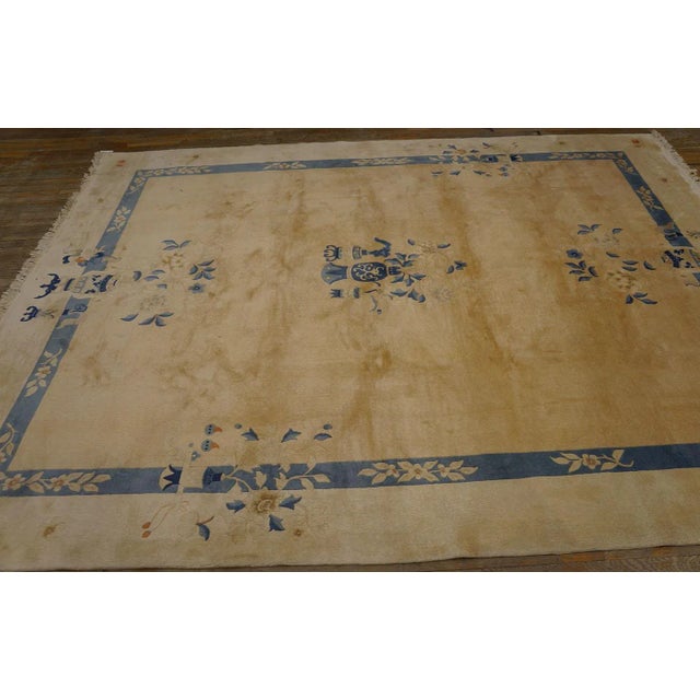 1920s Tan Sand Vase Floral Vintage Chinese Peking Carpet 8' '' X 9' 8'' Wool Knotted Rug For Sale - Image 4 of 12