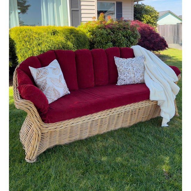 Vintage Coastal Wicker Sofa With Channel-Tufted Cranberry Cushions For Sale - Image 10 of 10