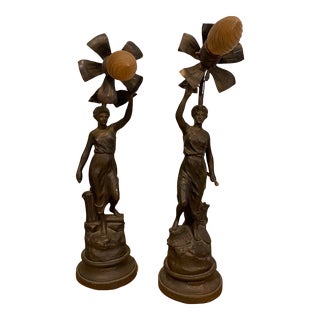 Late 19th-Century French Nouveau Arts Sciences Cast Spelter Figural Lamps - Set of 2 For Sale