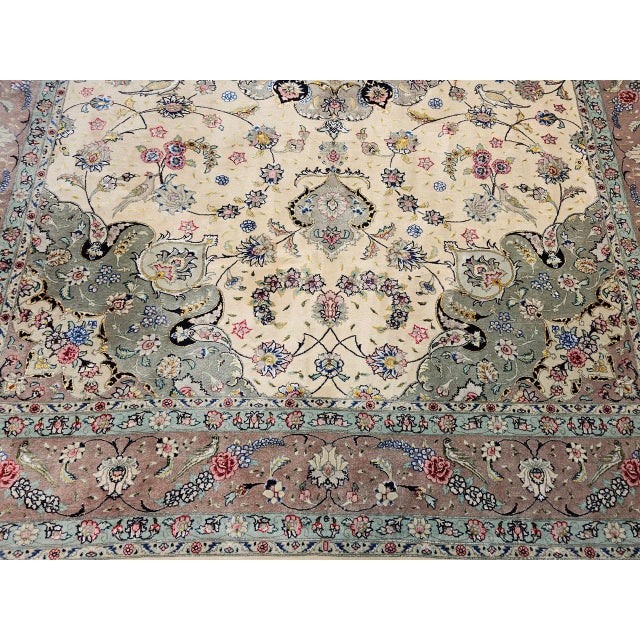 Textile Vintage Persian Tabriz Rug, Hand-Knotted Wool & Silk, Fine Floral Pattern, Ivory & Taupe, 7x10 For Sale - Image 7 of 18