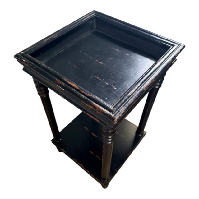 Vintage Black Distressed Wood Two-Tier Side Table With Gallery Top For Sale - Image 4 of 7
