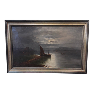 19th Century Oil on Canvas "Sailin' Under Moonlight"