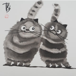 Laszlo Tibay, Pair of cats, Ink and Wash For Sale